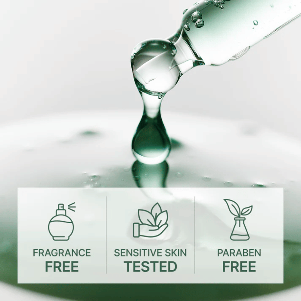 Droppande serum från pipett med ikoner som visar parfymfri, testad för känslig hud och parabenfri formula.