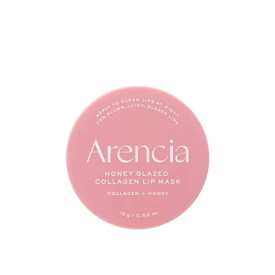 Ren produktbild på Arencia Honey Glazed Collagen Lip Mask i rosa förpackning med minimalistisk och stilren design.
