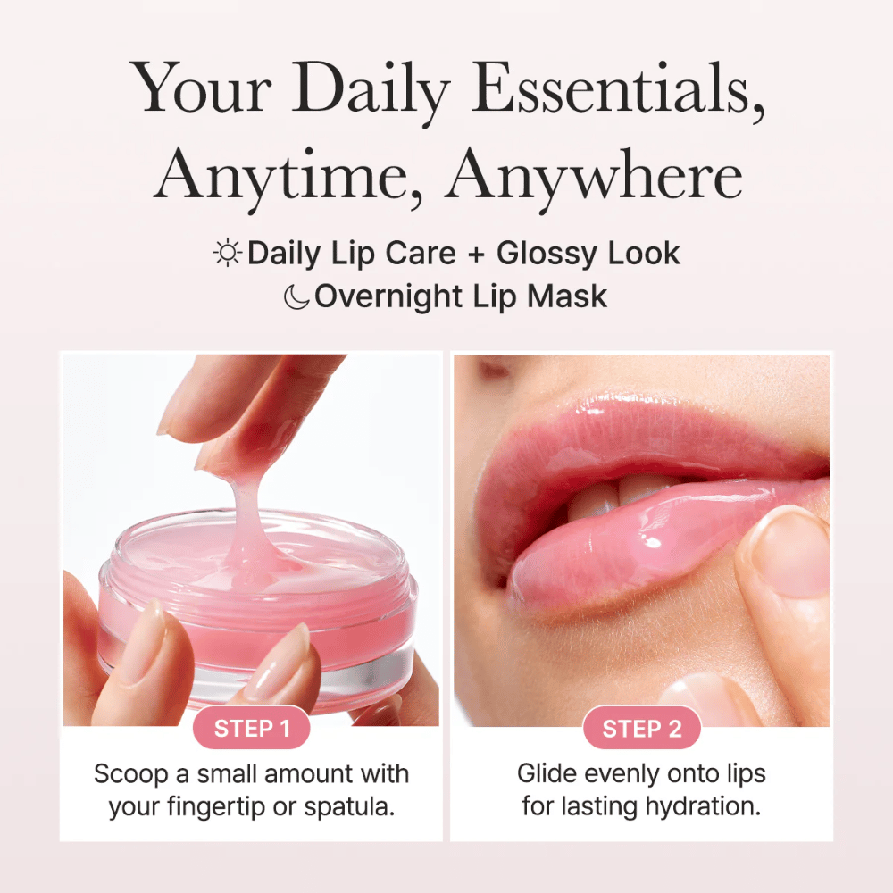 Instruktionsbild som visar hur lip masken används dag och natt. Först appliceras en liten mängd med finger eller spatel, därefter fördelas produkten jämnt över läpparna för långvarig återfuktning och glans.