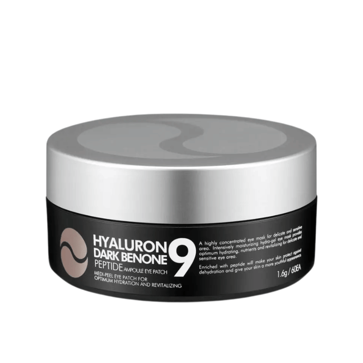 Hyaluron Dark Benone Peptide 9 Ampoule Eye Patch – koreansk ögonmask i burk med peptider och hyaluronsyra för intensiv vård av torr och trött hud runt ögonen.