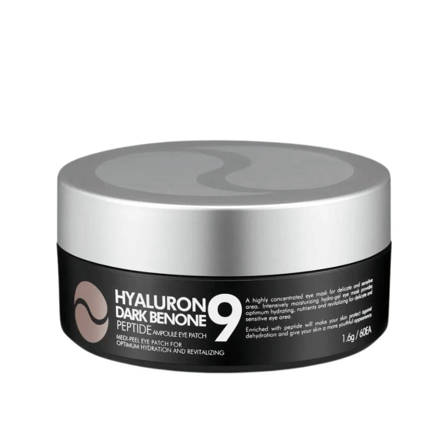 Hyaluron Dark Benone Peptide 9 Ampoule Eye Patch – koreansk ögonmask i burk med peptider och hyaluronsyra för intensiv vård av torr och trött hud runt ögonen.