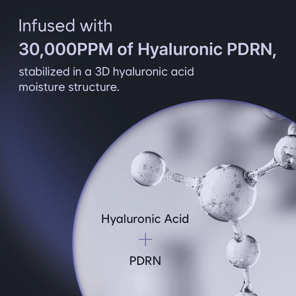 Grafisk illustration av hyaluronsyra och PDRN i en tredimensionell fuktstruktur. Bilden lyfter fram produktens höga koncentration av Hyaluronic PDRN och dess återfuktande teknologi.