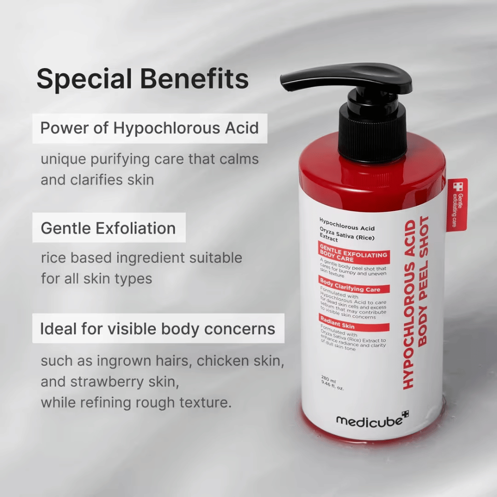 Informationsbild för Medicube Hypochlorous Acid Body Peel Shot med fokus på hypoklorsyra, mild exfoliering och vård för knottrig och ojämn kroppshud.