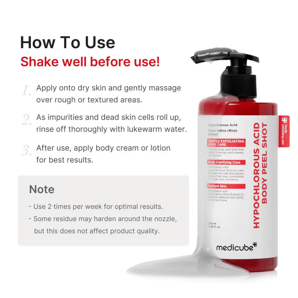 Instruktionsbild för Medicube Hypochlorous Acid Body Peel Shot som visar hur kroppspeelingen används steg för steg för exfoliering och mjukare hud.