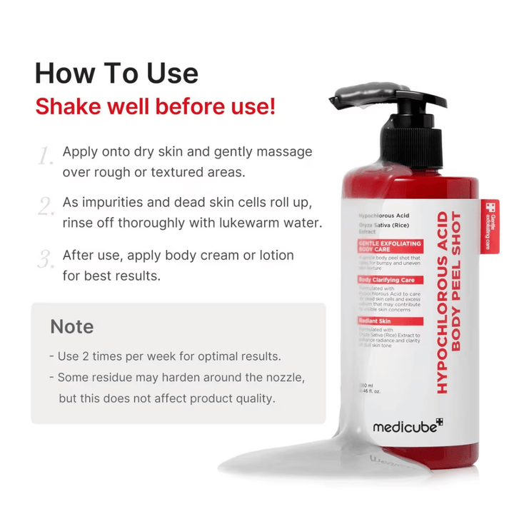 Instruktionsbild för Medicube Hypochlorous Acid Body Peel Shot som visar hur kroppspeelingen används steg för steg för exfoliering och mjukare hud.