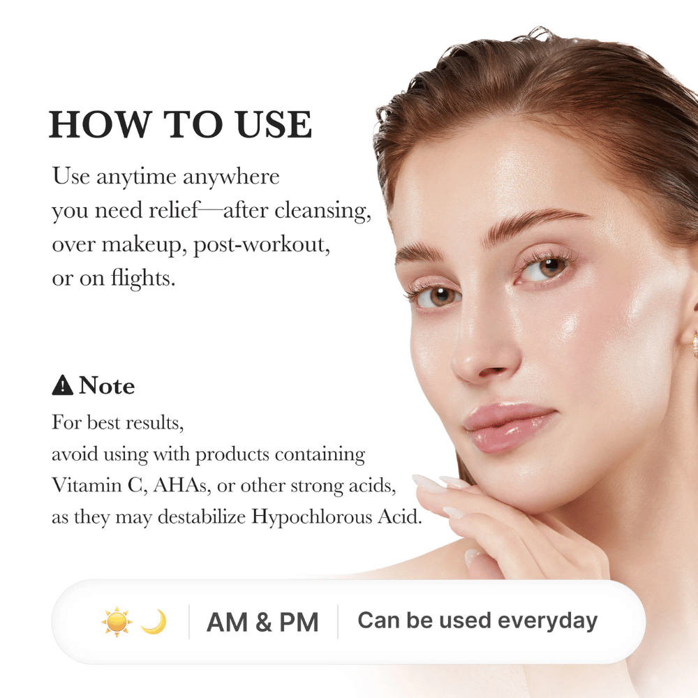 Användningsguide som visar en modell med återfuktad och strålande hud. Bilden förklarar att sprayen kan användas efter rengöring, över makeup, efter träning eller under resor. Den innehåller även information om att undvika användning tillsammans med starka syror som AHA och C-vitamin.