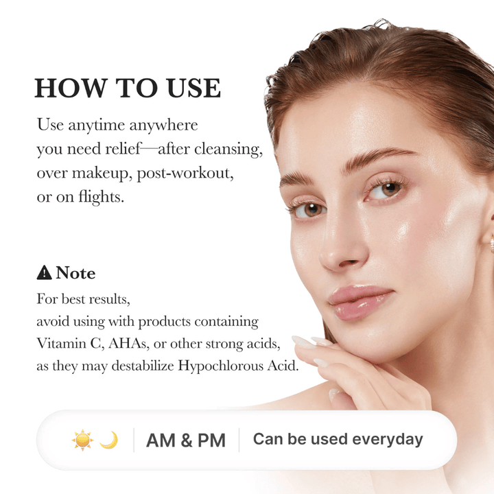 Användningsguide som visar en modell med återfuktad och strålande hud. Bilden förklarar att sprayen kan användas efter rengöring, över makeup, efter träning eller under resor. Den innehåller även information om att undvika användning tillsammans med starka syror som AHA och C-vitamin.
