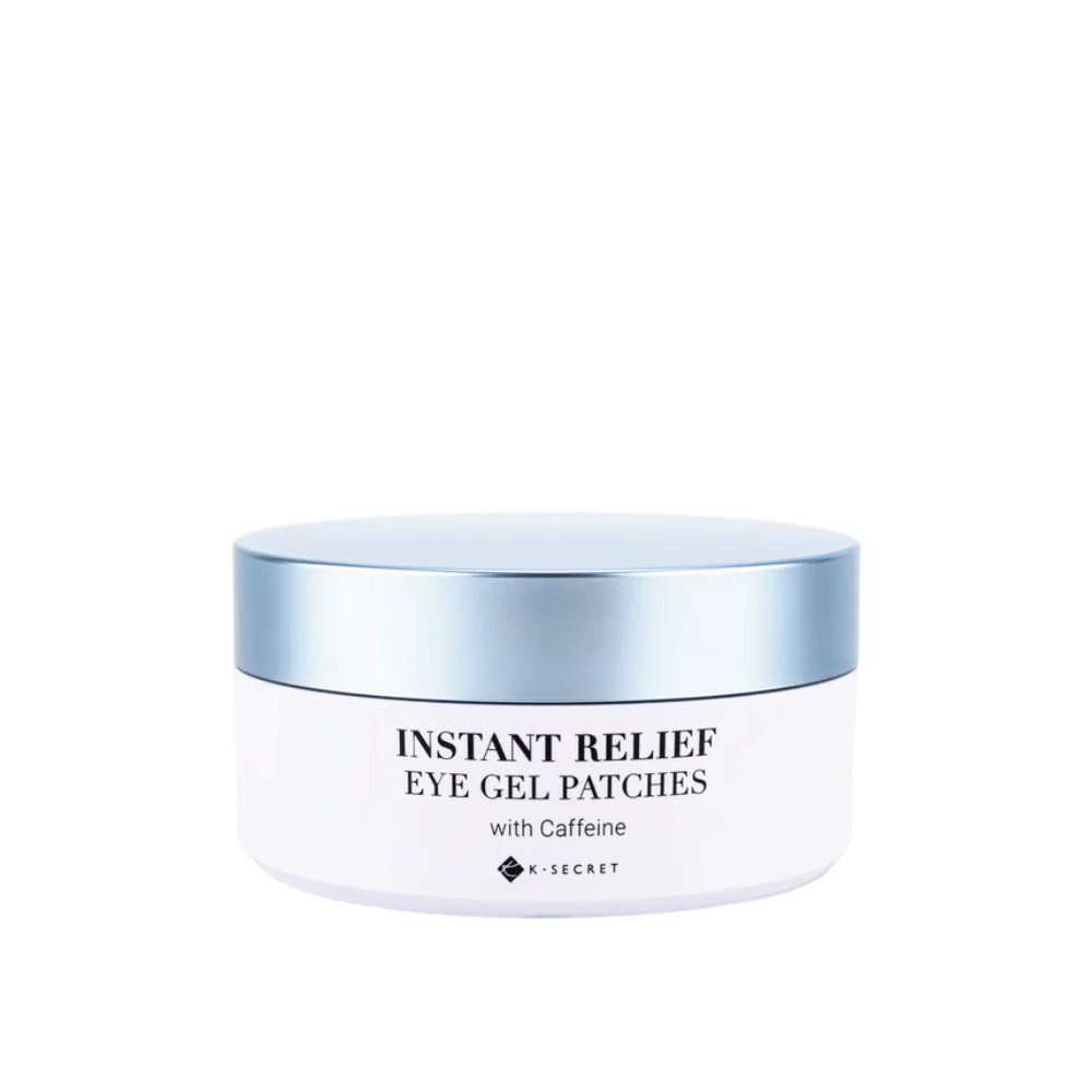 Burk med K-Secret Instant Relief Eye Gel Patches med koffein och blått lock.