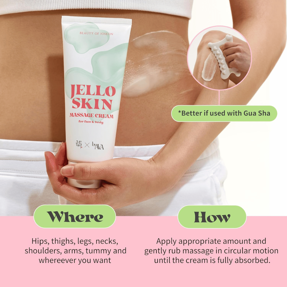 Beauty of Joseon Jello Skin Massage Cream används på mage och kropp för återfuktande massage med mjuk och behaglig glid.