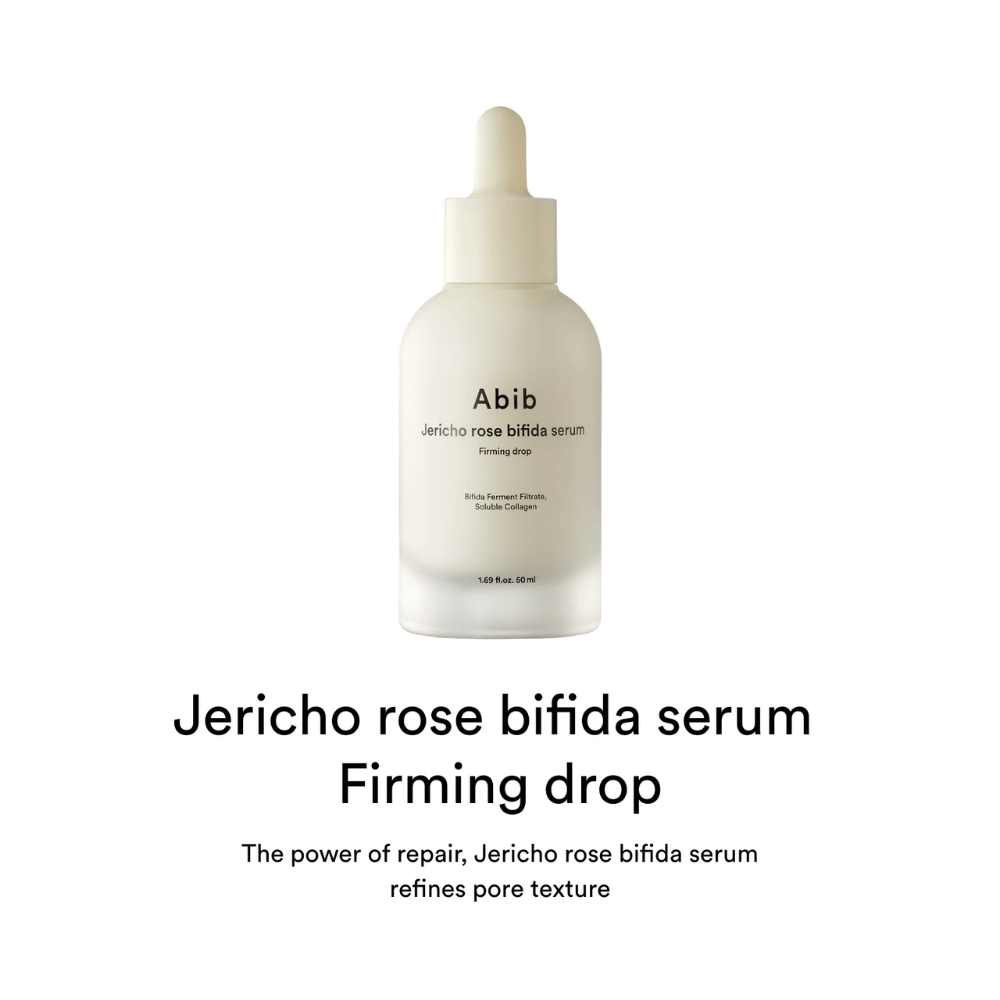 Produktbild med text som beskriver serumets reparerande effekt och förmåga att förbättra hudstruktur och porer.