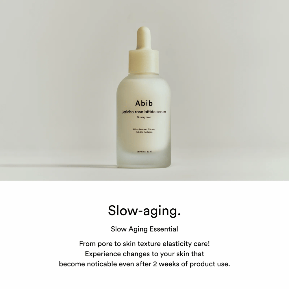 Minimalistisk produktbild av Abib Jericho Rose Bifida Serum Firming Drop med fokus på slow-aging och hudelasticitet.