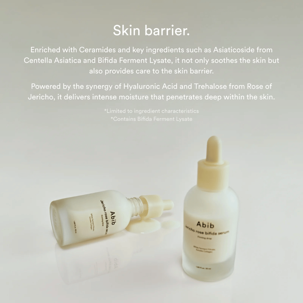 Produktbild av Abib Jericho Rose Bifida Serum tillsammans med information om hudbarriär, ceramider och intensiv återfuktning.