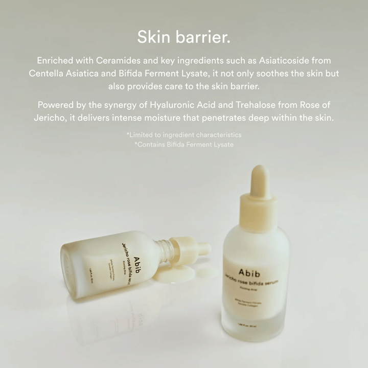 Produktbild av Abib Jericho Rose Bifida Serum tillsammans med information om hudbarriär, ceramider och intensiv återfuktning.