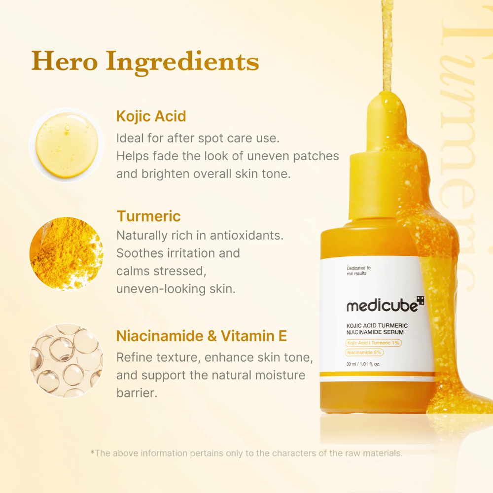 Ingrediensfokuserad bild som presenterar serumets nyckelingredienser: kojicsyra, gurkmeja, niacinamid och vitamin E. Designen betonar lystergivande, lugnande och hudutjämnande egenskaper med varm och naturlig estetik.