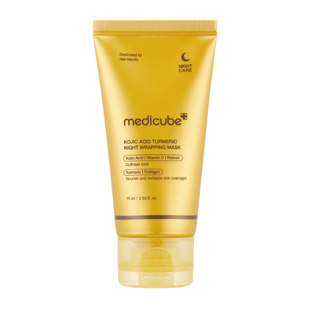 Medicube Kojic Acid Turmeric Night Wrapping Mask 75 ml i guldfärgad förpackning med kojicsyra, gurkmeja, vitamin C och kollagen för nattlig lystervård.