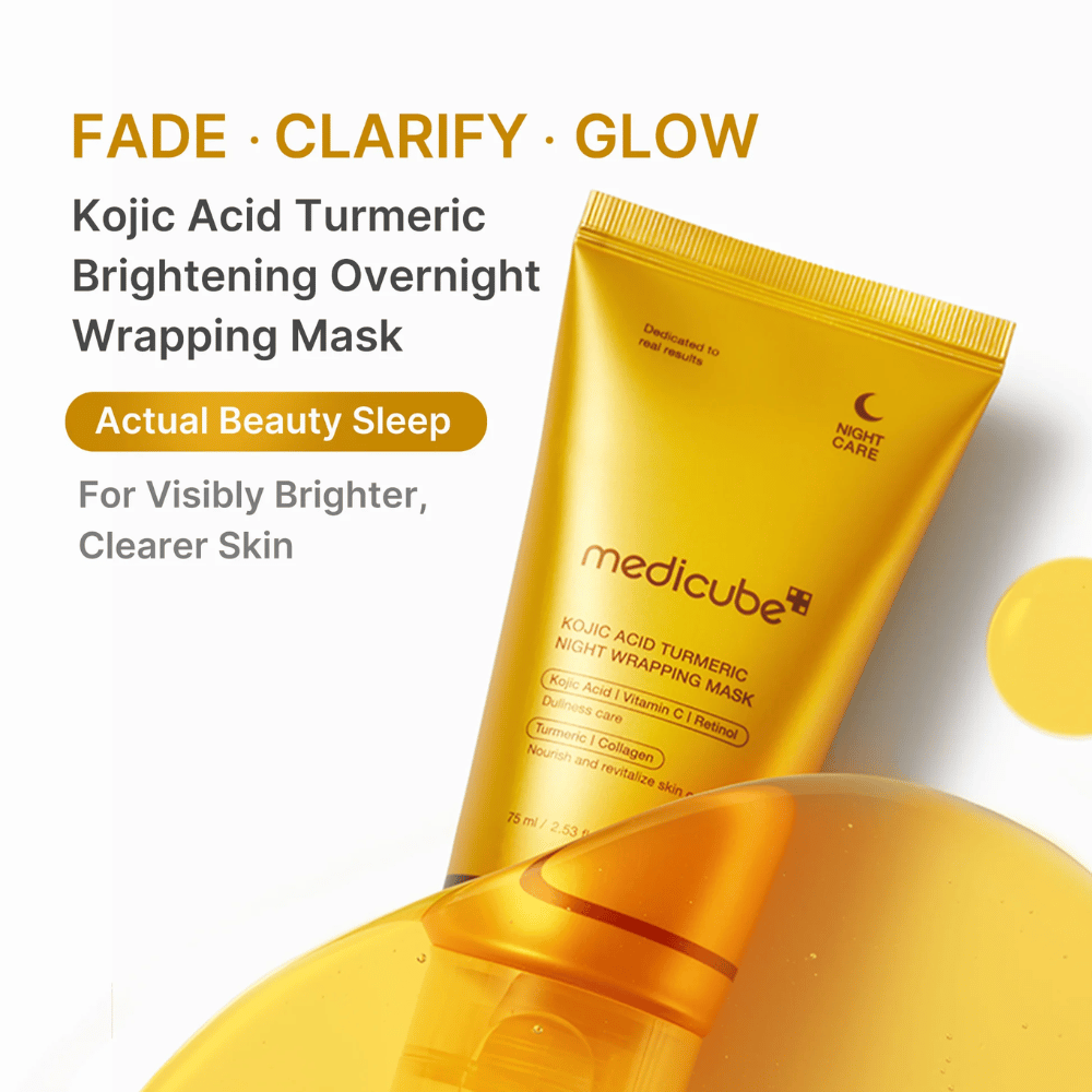Medicube Kojic Acid Turmeric Night Wrapping Mask i guldfärgad tub för nattlig hudvård som hjälper till att ge klarare, jämnare och mer strålande hud.