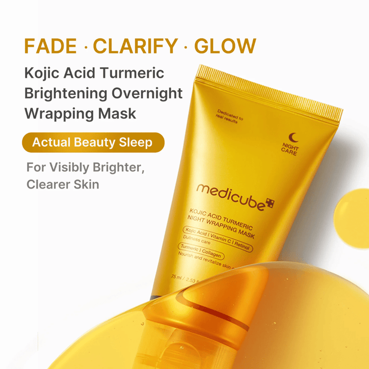 Medicube Kojic Acid Turmeric Night Wrapping Mask i guldfärgad tub för nattlig hudvård som hjälper till att ge klarare, jämnare och mer strålande hud.