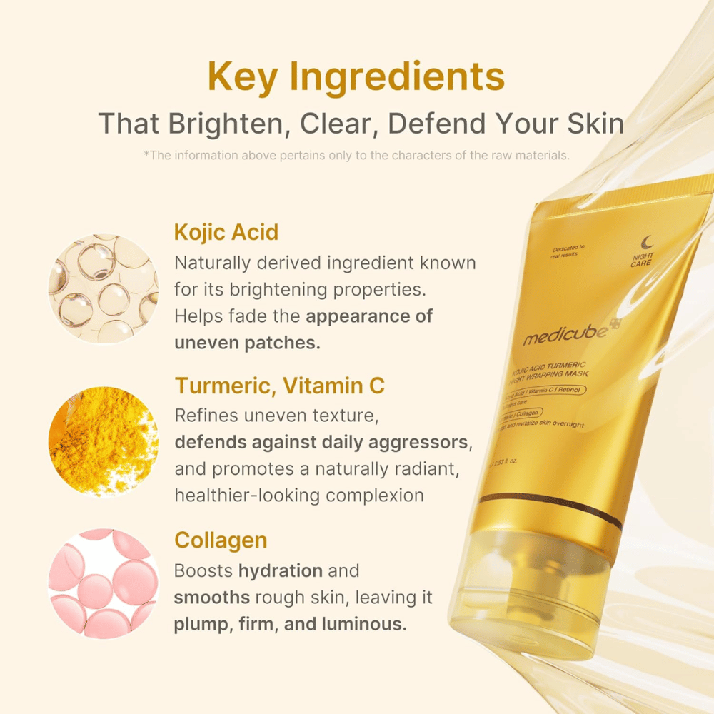 Medicube Kojic Acid Turmeric Night Wrapping Mask med kojicsyra, gurkmeja, vitamin C och kollagen för lyster, återfuktning och jämnare hudton.