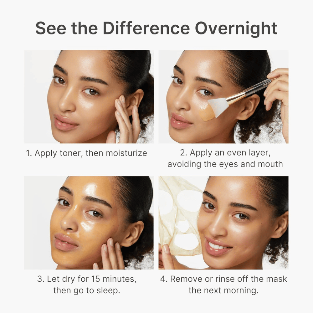 Medicube Kojic Acid Turmeric Night Wrapping Mask appliceras som nattmask i fyra steg för klarare, jämnare och mer strålande hud över natten.