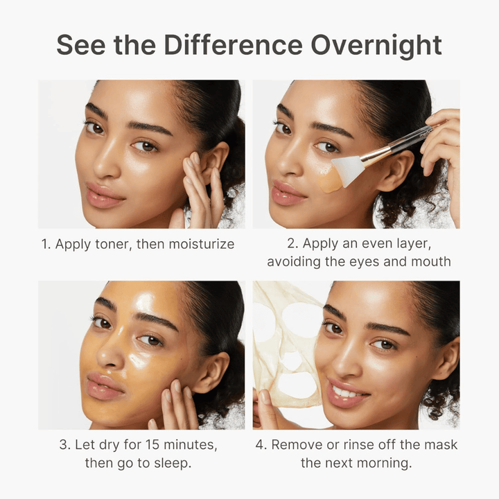 Medicube Kojic Acid Turmeric Night Wrapping Mask appliceras som nattmask i fyra steg för klarare, jämnare och mer strålande hud över natten.