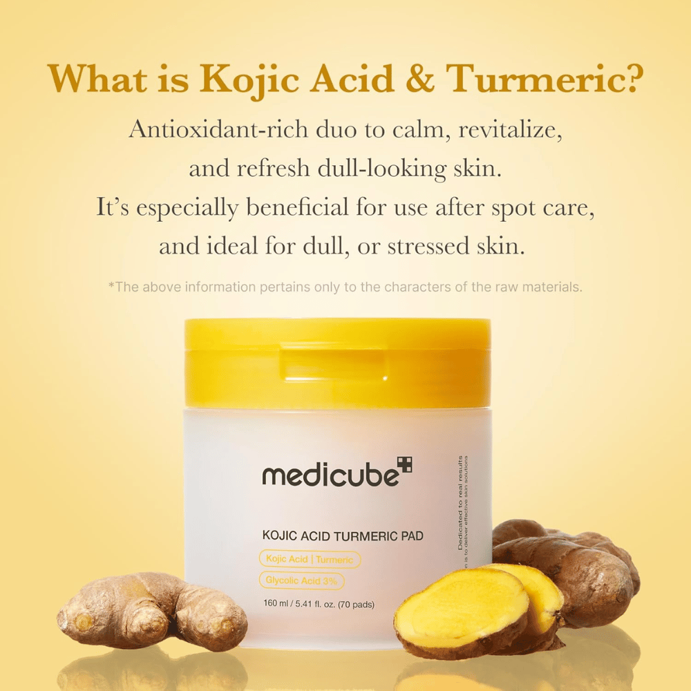 Informationsbild för Medicube Kojic Acid Turmeric Pad med fokus på kojicsyra och gurkmeja som antioxidant-rika ingredienser för lyster, lugnande effekt och uppfräschad hud.