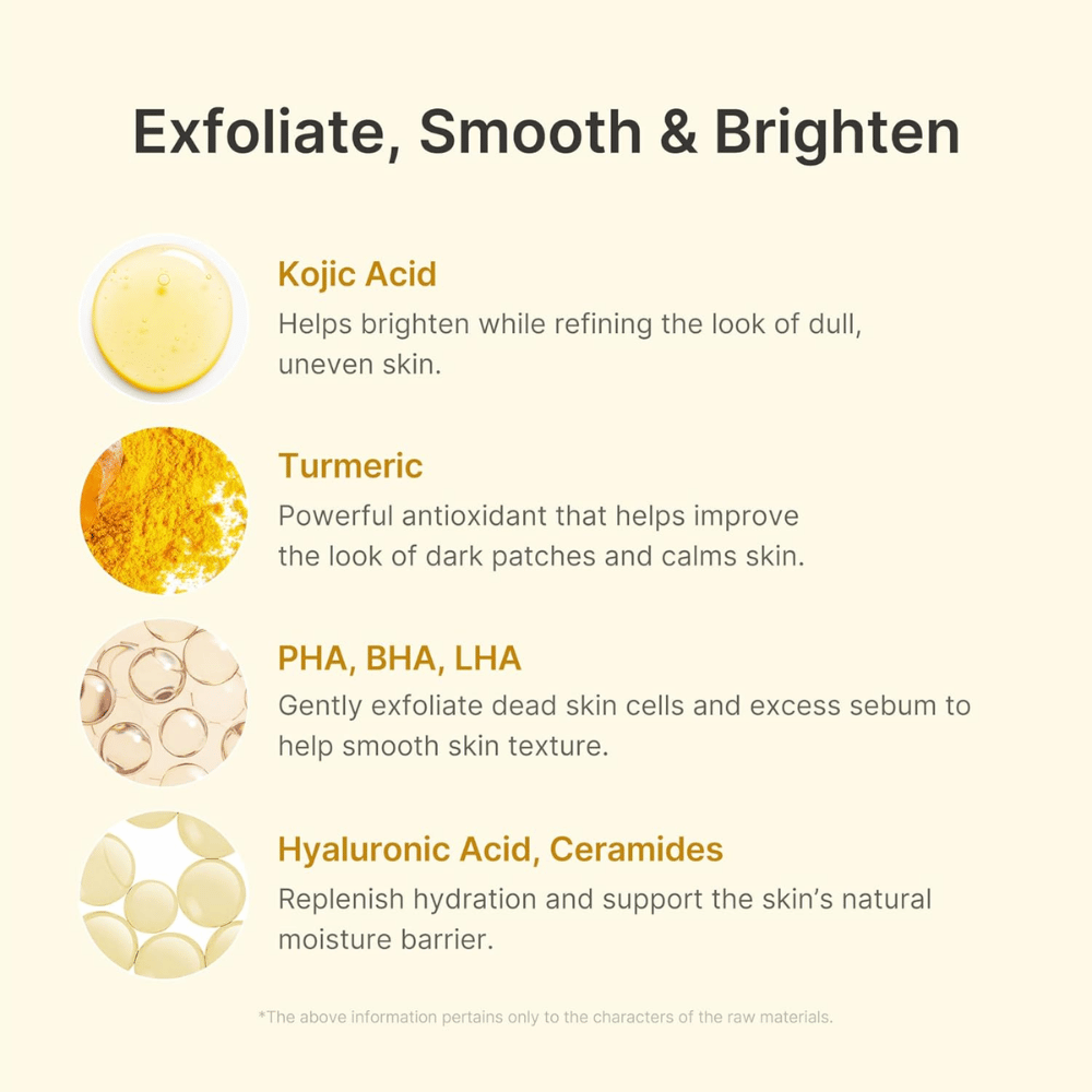 Medicube Kojic Acid Turmeric Peel Shot med kojicsyra, gurkmeja, PHA, BHA, LHA, hyaluronsyra och ceramider.