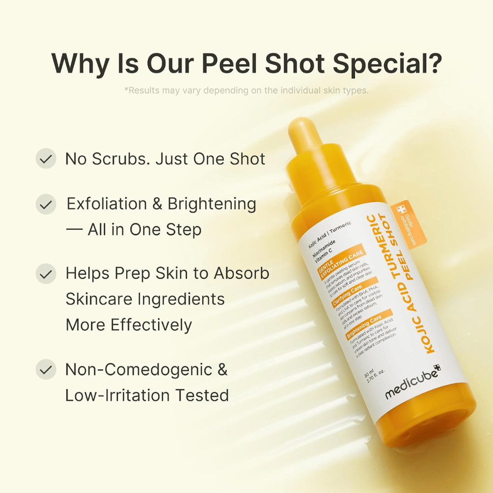 Medicube Kojic Acid Turmeric Peel Shot – exfolierande peeling med kojicsyra och gurkmeja för jämnare hudton, lyster och slätare hud.