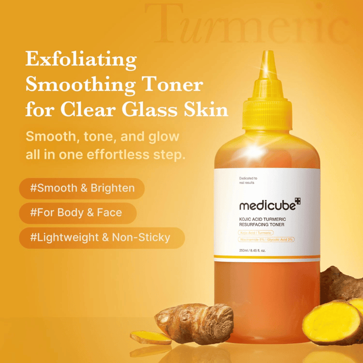 Kampanjbild för Medicube Kojic Acid Turmeric Resurfacing Toner som lyfter fram exfolierande toner för glow, jämn hudton och lätt återfuktande formula för ansikte och kropp.