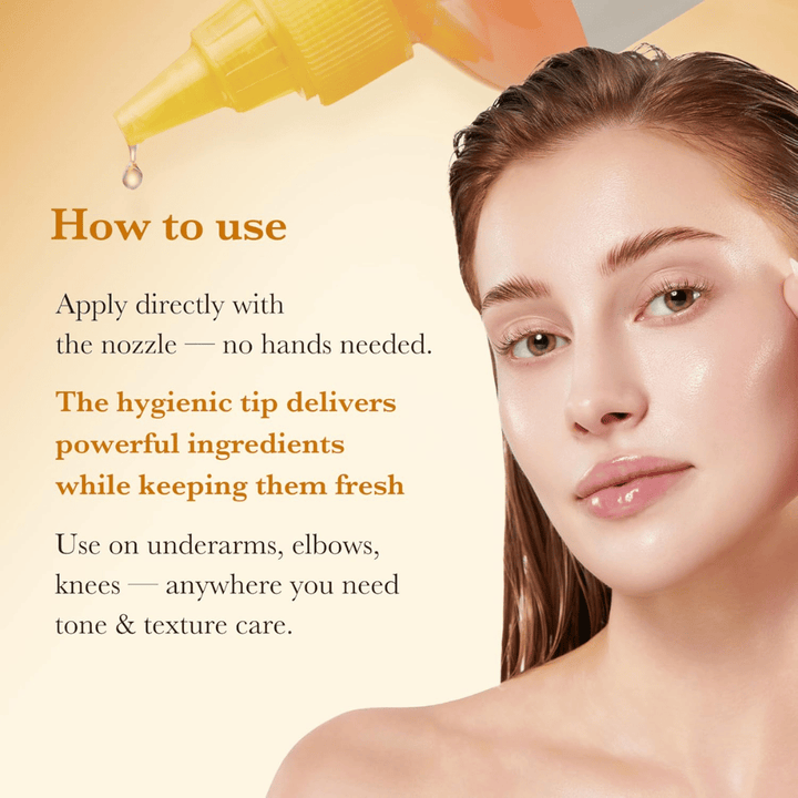 Användningsbild för Medicube Kojic Acid Turmeric Resurfacing Toner som visar hygienisk applicering direkt med spetsapplikator för hudton- och texturvård på exempelvis armbågar och knän.