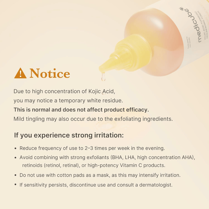 Informationsbild för Medicube Kojic Acid Turmeric Resurfacing Toner med viktig användningsinformation om kojicsyra, exfoliering och hur irritation kan minskas vid känslig hud.