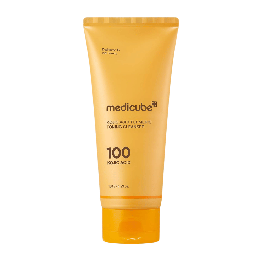 Medicube Kojic Acid Turmeric Toning Cleanser 120 g, ansiktsrengöring med kojicsyra och gurkmeja i en gul tub mot vit bakgrund.