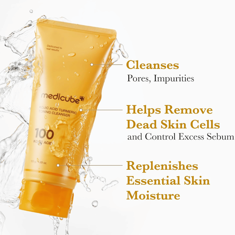 Medicube Kojic Acid Turmeric Toning Cleanser 120 g, ansiktsrengöring som avlägsnar orenheter och döda hudceller. Gul tub med vattenstänk.