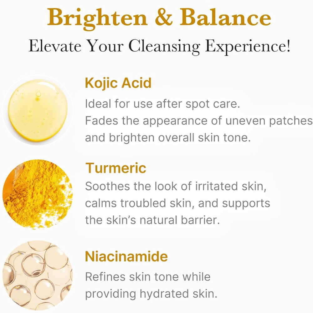 Medicube Kojic Acid Turmeric Toning Cleanser med kojicsyra, gurkmeja och niacinamid. Ingrediensöversikt för en jämnare hudton.