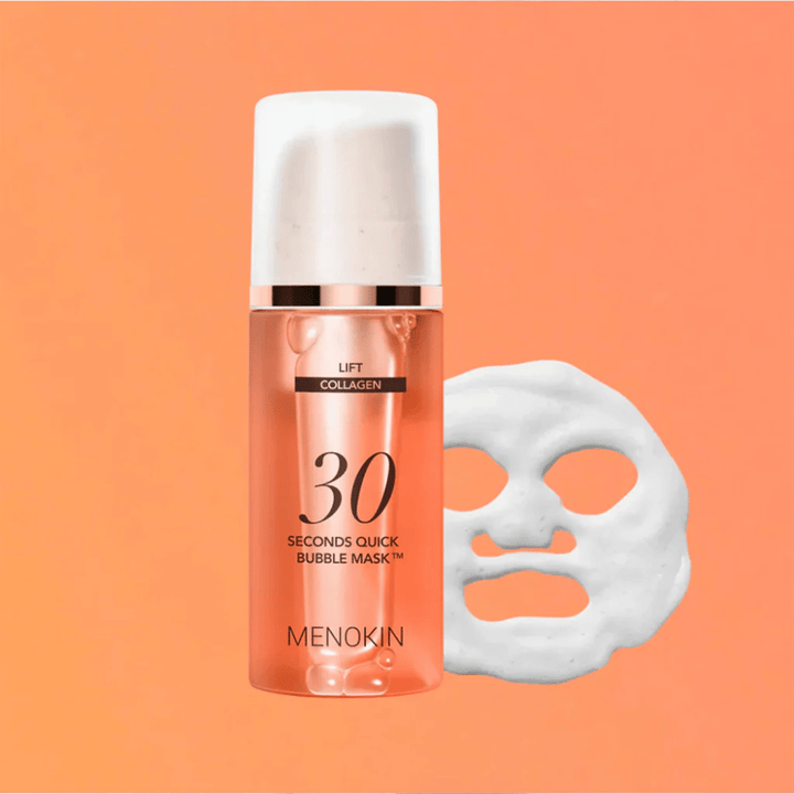 Produktbild av MENOKIN LIFT 30 Seconds Quick Bubble Mask med orange bakgrund och skummask-form som symboliserar snabb och effektiv ansiktsmask på endast 30 sekunder.