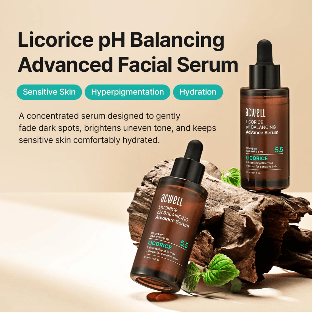 Marknadsföringsbild för Acwell Licorice pH Balancing Advance Serum med fokus på känslig hud, hyperpigmentering och återfuktning.