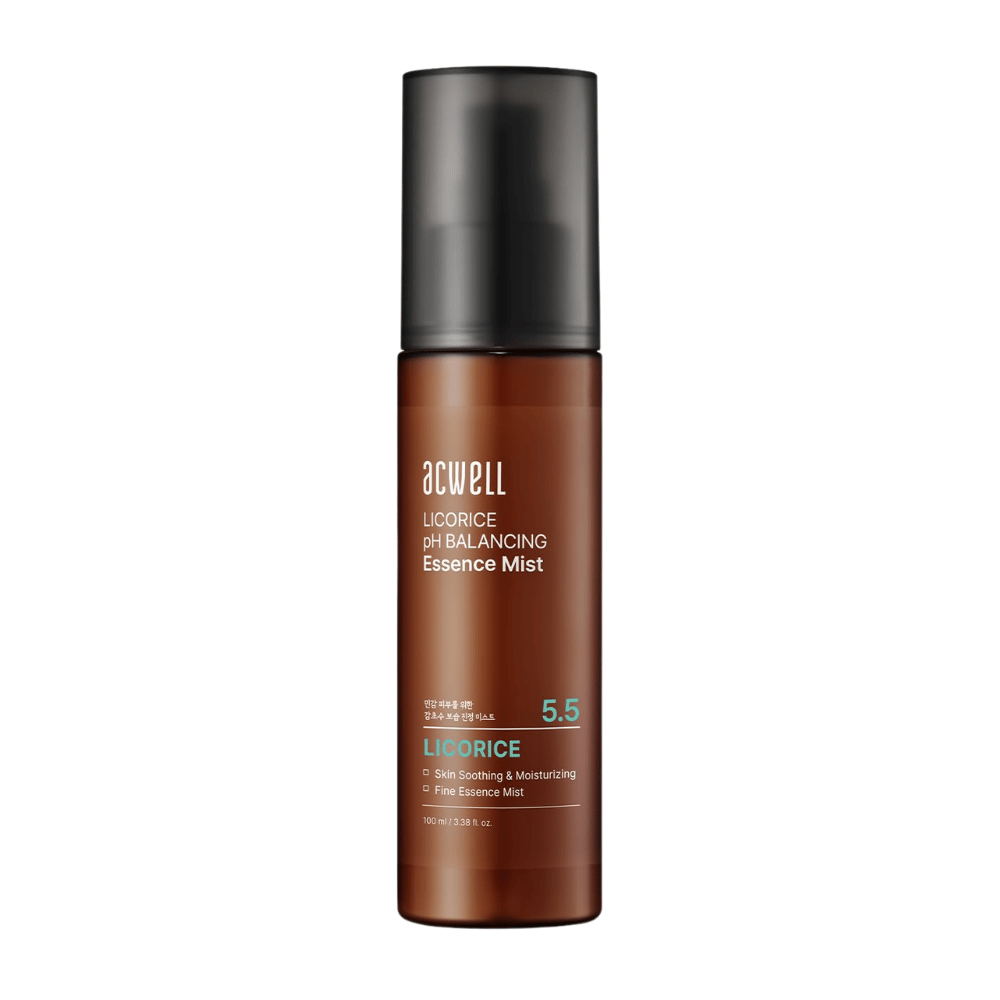 Produktbild av Acwell Licorice pH Balancing Essence Mist i brun sprayflaska. Återfuktande essence mist med lakritsextrakt och hudbalanserande pH 5,5 som hjälper till att lugna och fräscha upp huden.