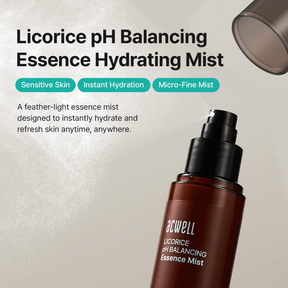 Acwell Licorice pH Balancing Essence Mist med fokus på känslig hud, intensiv återfuktning och mikrofin sprayteknik. Uppfriskande essence mist som återfuktar huden när som helst under dagen.