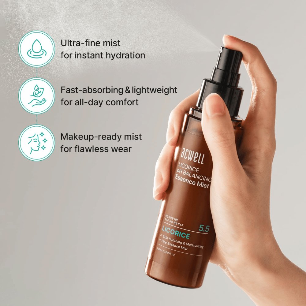 Acwell Licorice pH Balancing Essence Mist sprayas med finfördelad mist. Lätt formula som absorberas snabbt, ger omedelbar återfuktning och fungerar både med och utan makeup.