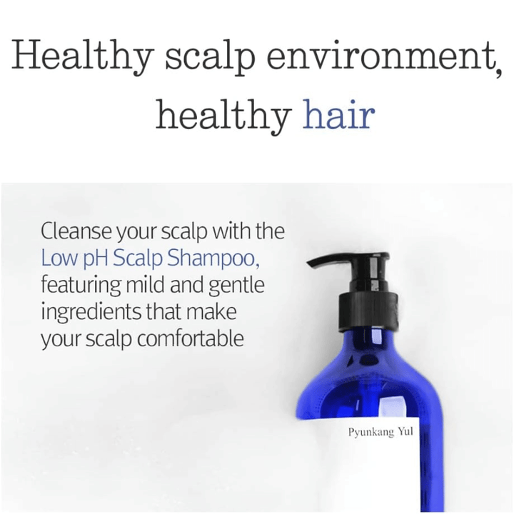 Informativ bild som framhäver Pyunkang Yul Low pH Scalp Shampoo och dess milda formula för en balanserad och hälsosam hårbottenmiljö.