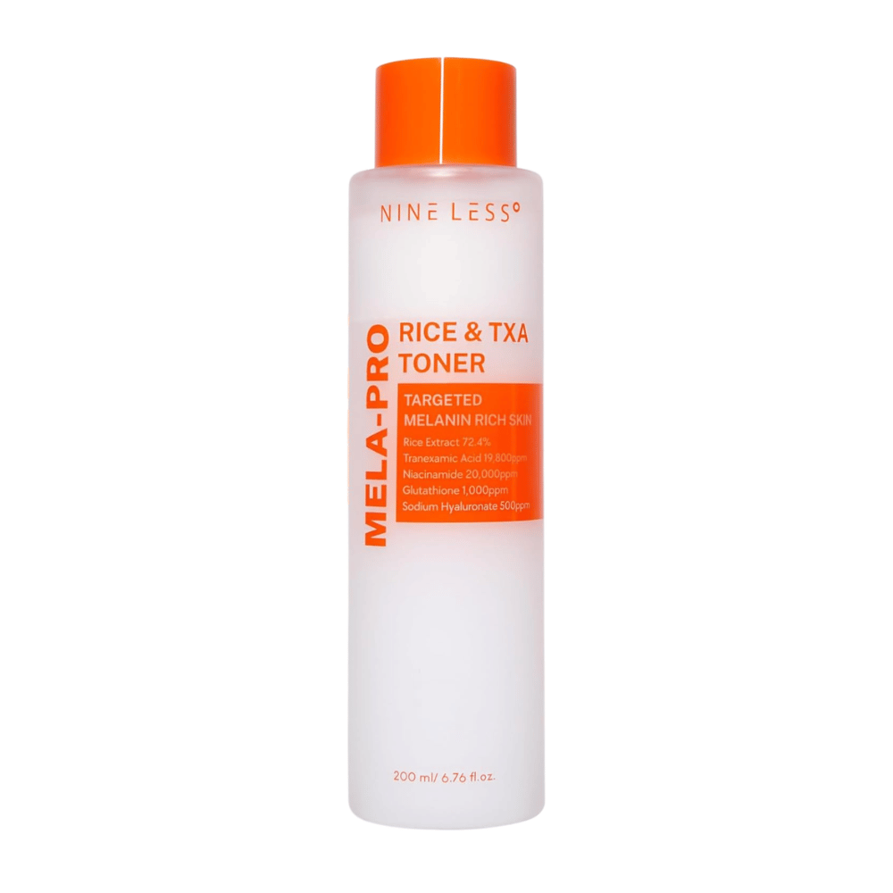 6. NINE LESS MELA-PRO Rice & TXA Toner 200 ml – vit tonerflaska med orange kork och etikett mot vit bakgrund