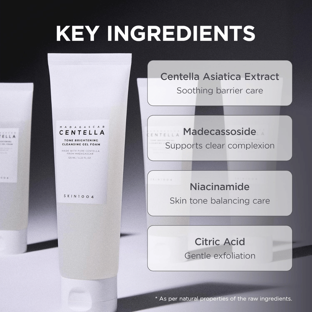 Bild som lyfter fram produktens nyckelingredienser och deras funktioner. Ingredienserna presenteras i en tydlig och modern layout med fokus på hudvårdande och lugnande egenskaper.
