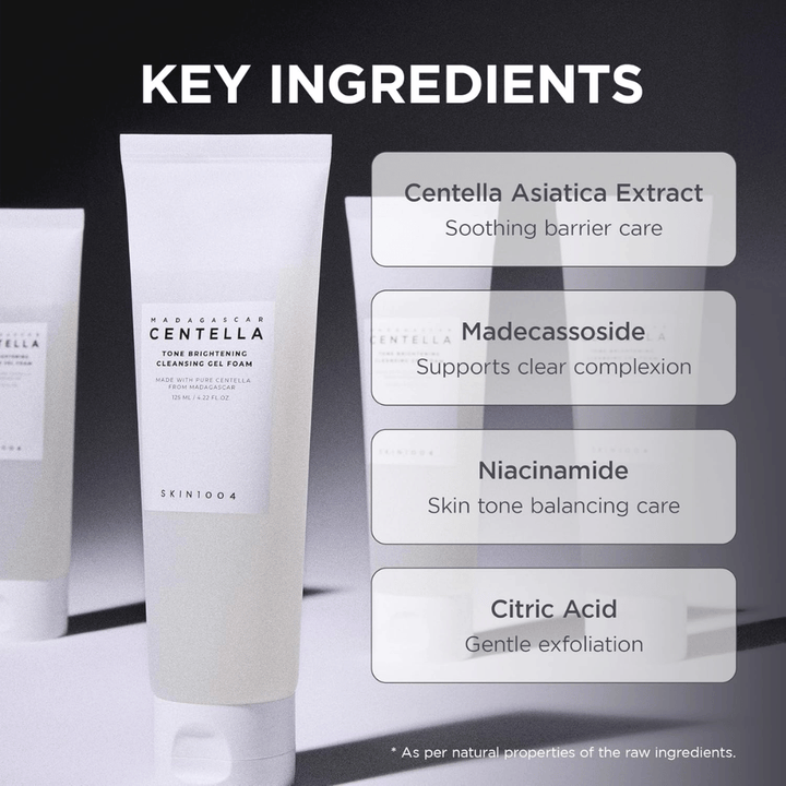 Bild som lyfter fram produktens nyckelingredienser och deras funktioner. Ingredienserna presenteras i en tydlig och modern layout med fokus på hudvårdande och lugnande egenskaper.