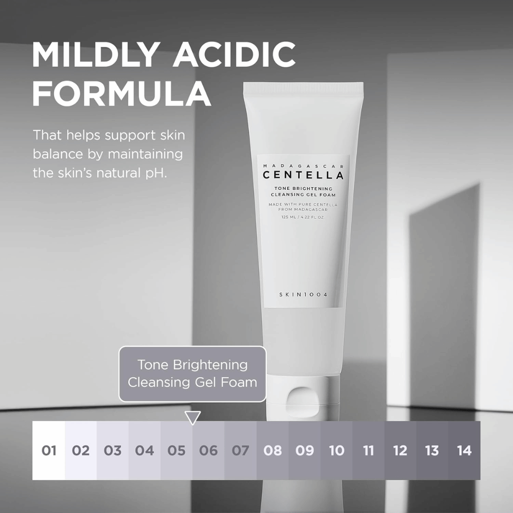 Informationsbild som beskriver produktens milt sura (låga pH) formula. Bilden betonar hur rengöringen hjälper till att bevara hudens naturliga balans samtidigt som huden rengörs effektivt.
