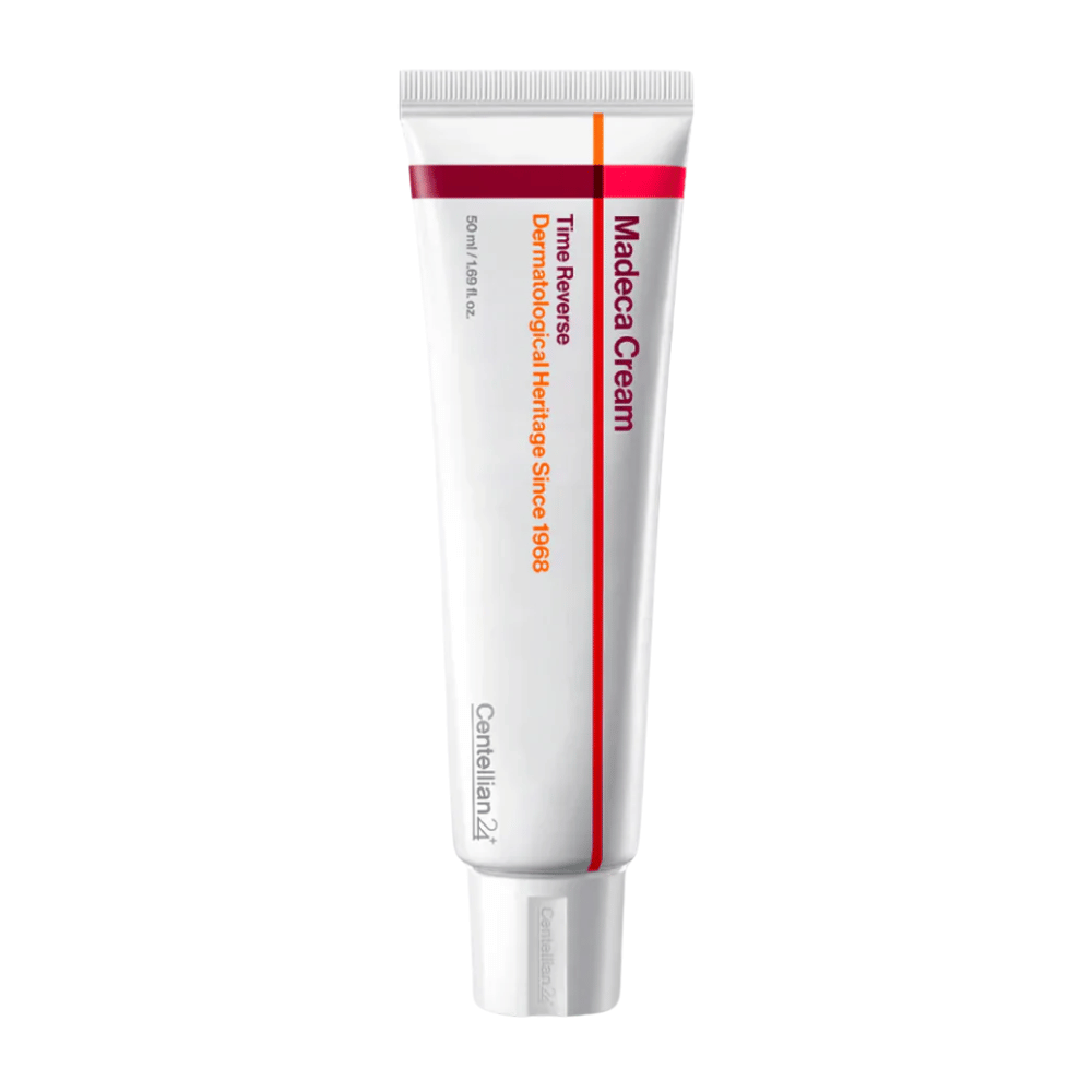 Produktbild av Centellian24 Madeca Cream Time Reverse i tub på vit bakgrund, en reparerande ansiktskräm med centella asiatica som stärker hudbarriären och passar känslig hud.