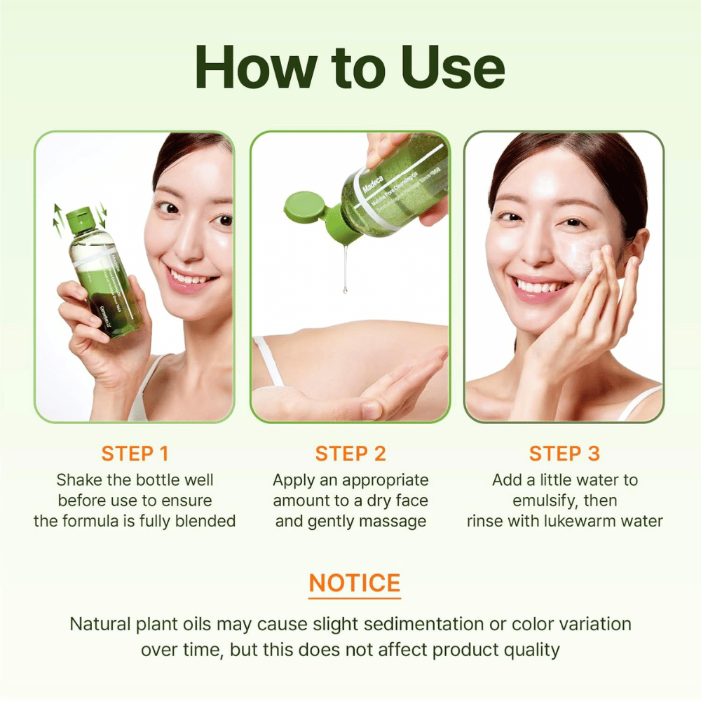 Centellian24 Madeca Matcha Pore Cleansing Oil användningsguide för rengöring av huden