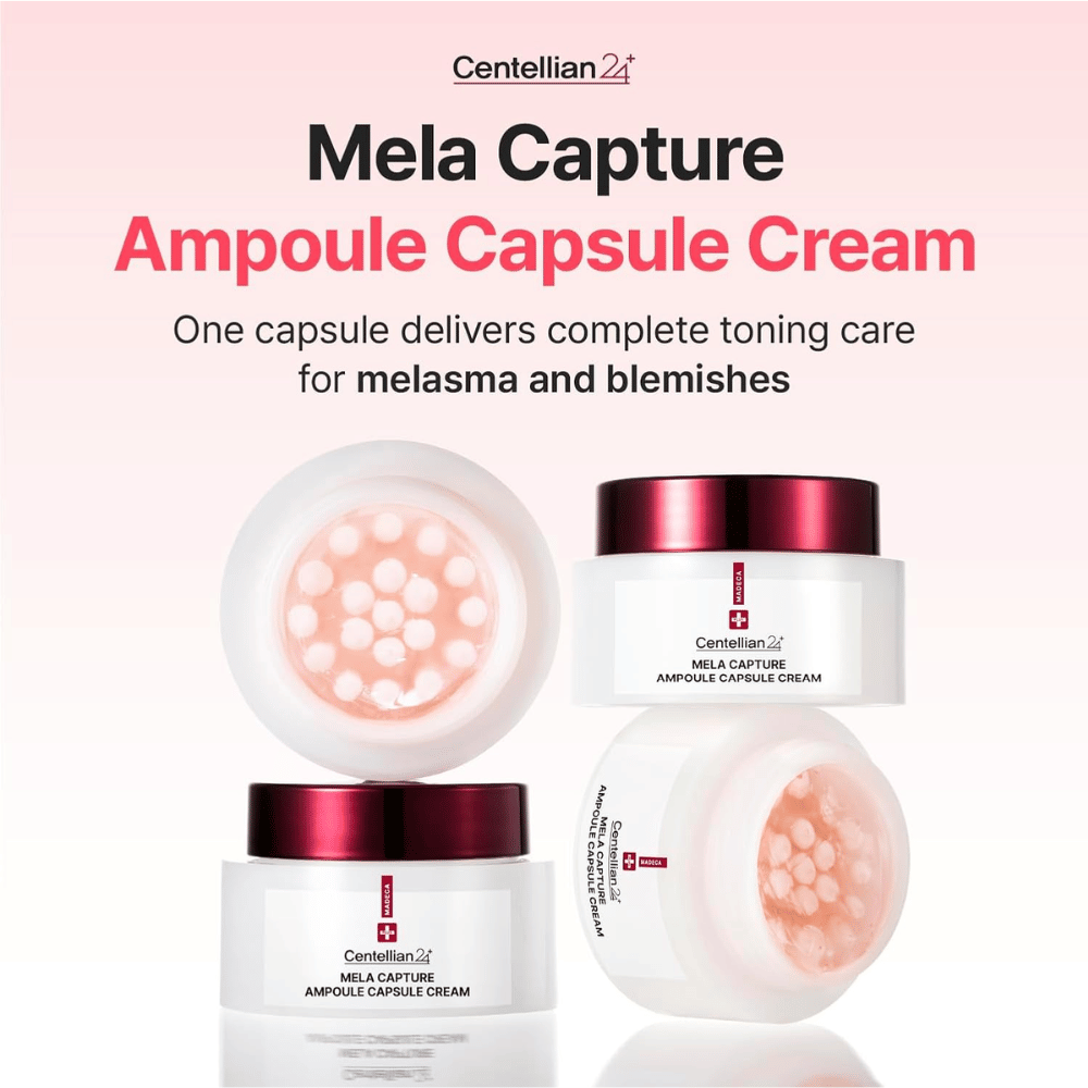 Produktbild av Centellian24 Madeca Mela Capture Ampoule Capsule Cream med fokus på ampullkapslar och formula utvecklad för vård av ojämn hudton och pigmentering.