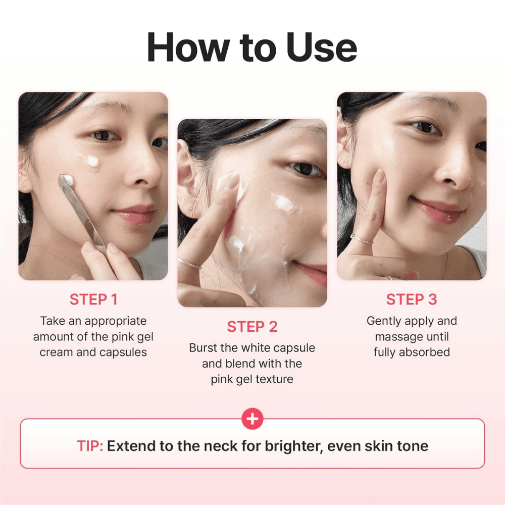 Steg-för-steg-guide som visar hur Centellian24 Madeca Mela Capture Ampoule Capsule Cream appliceras genom att blanda kapslarna med gelkrämen och massera in tills produkten absorberats.