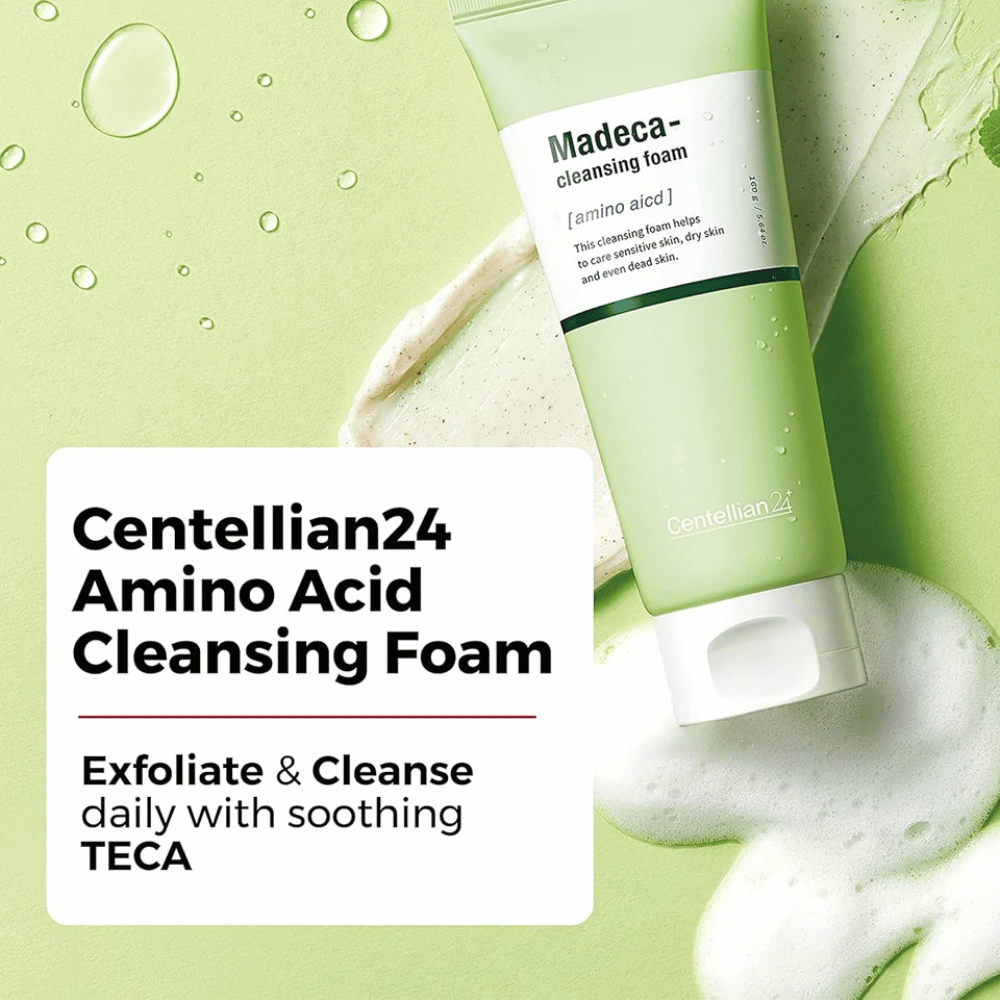 Centellian24 Madeca Amino Acid Cleansing Foam produktbild – koreansk rengöringsfoam med TECA och aminosyror som exfolierar milt, rengör huden effektivt och hjälper till att återfukta.