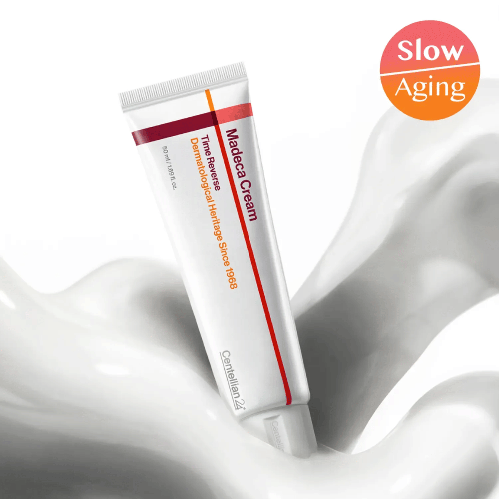 Centellian24 Madeca Cream Time Reverse i krämtextur med slow-aging-budskap, utvecklad för att lugna huden, minska irritation och stödja hudens naturliga reparationsprocess.