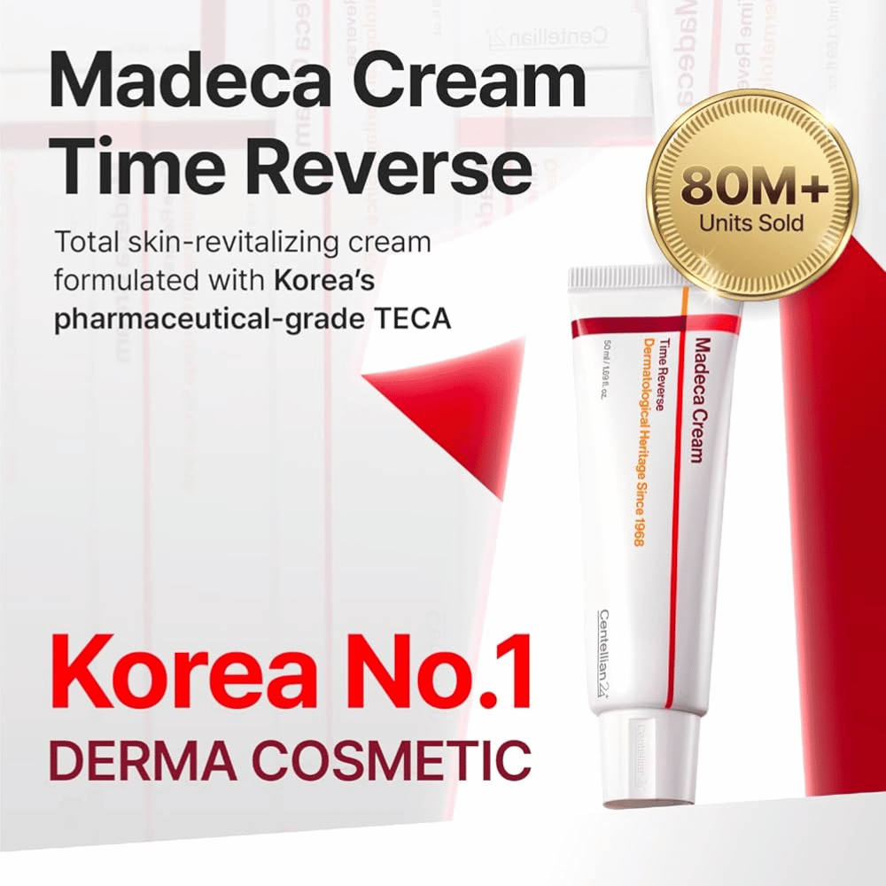Centellian24 Madeca Cream Time Reverse presenteras som Koreas ledande derma-kräm med TECA, över 80 miljoner sålda enheter och fokus på hudförnyelse och barriärstärkning.